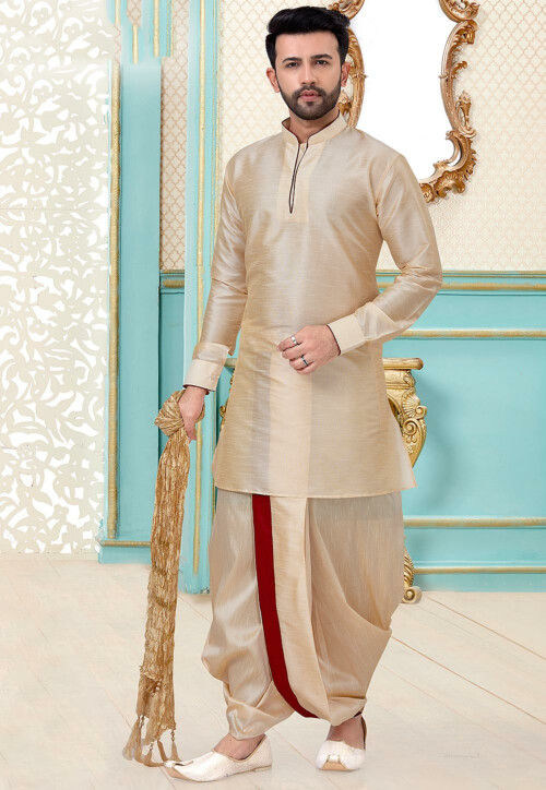 Buy Contrast Trim Art Silk Dhoti Kurta in Beige Online MMQ1068 Utsav Fashion
