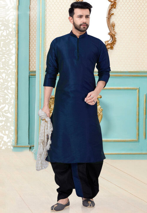 Contrast Trim Art Silk Dhoti Kurta in Navy Blue