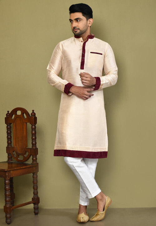 Contrast Trim Art Silk Kurta Set in Light Beige