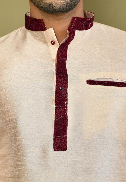 Contrast Trim Art Silk Kurta Set in Light Beige