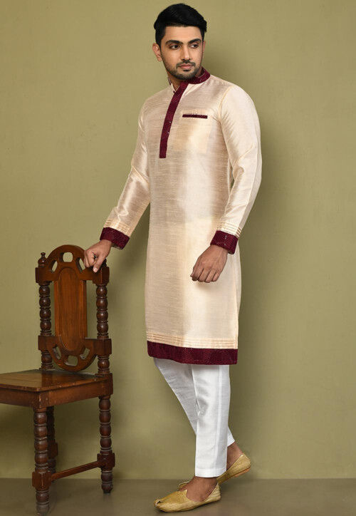 Contrast Trim Art Silk Kurta Set in Light Beige