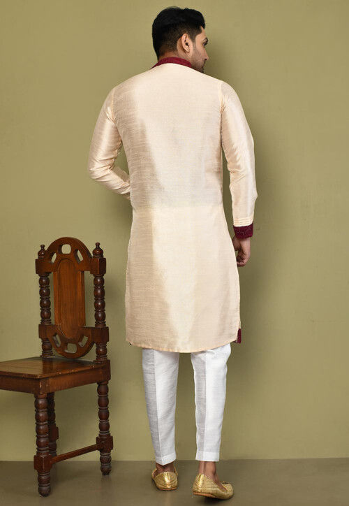 Contrast Trim Art Silk Kurta Set in Light Beige