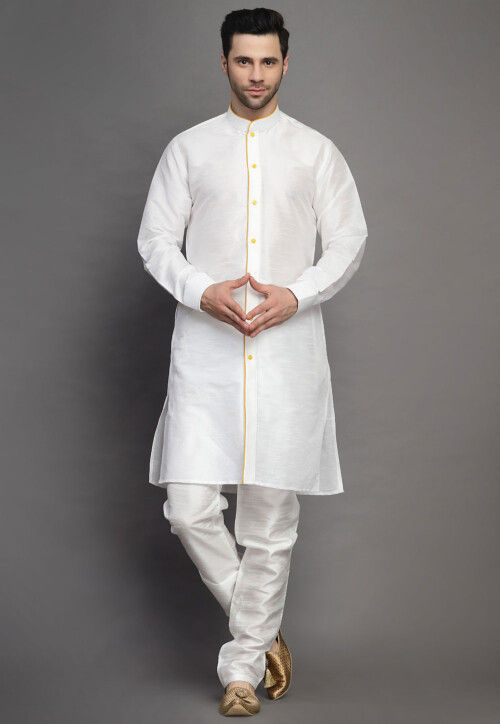 Contrast Trim Art Silk Kurta Set in Off White
