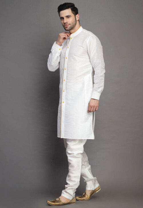 Contrast Trim Art Silk Kurta Set in Off White