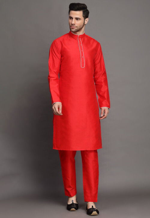 Contrast Trim Art Silk Kurta Set in Red