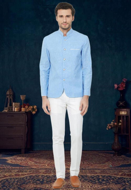 contrast trim cotton linen jodhpuri suit in sky blue v1 mnb928
