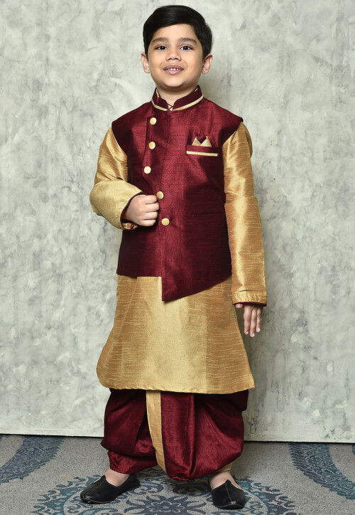 Contrast Trim Dupion Dhoti Kurta Jacket in Beige and Maroon
