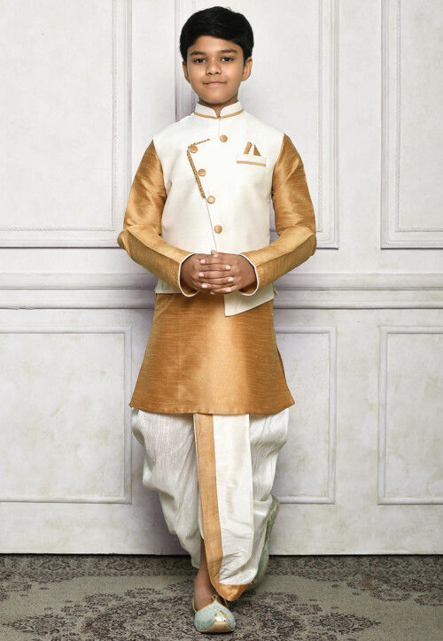 Contrast Trim Dupion Dhoti Kurta Jacket in Beige and Off White