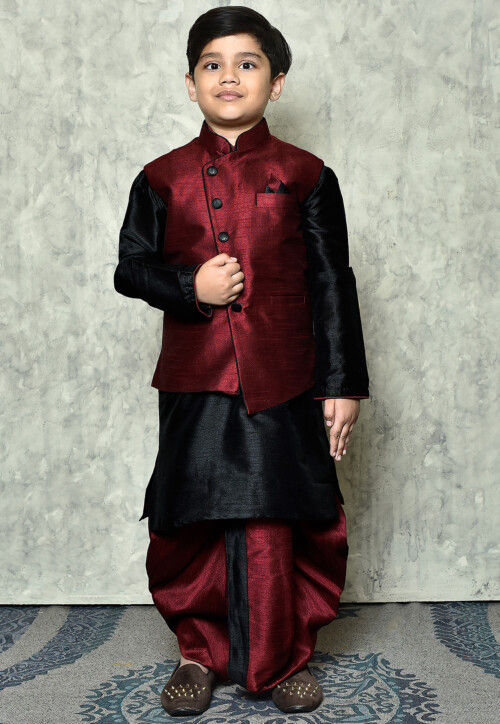 Contrast Trim Dupion Dhoti Kurta Jacket in Black and Maroon