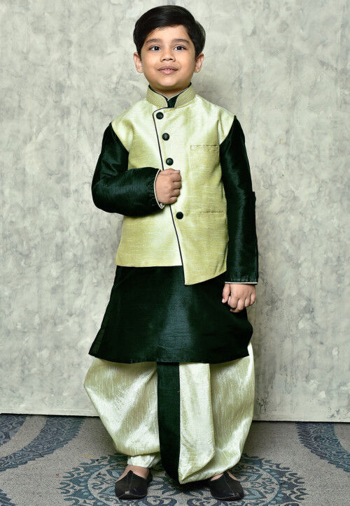 Contrast Trim Dupion Dhoti Kurta Jacket in Green