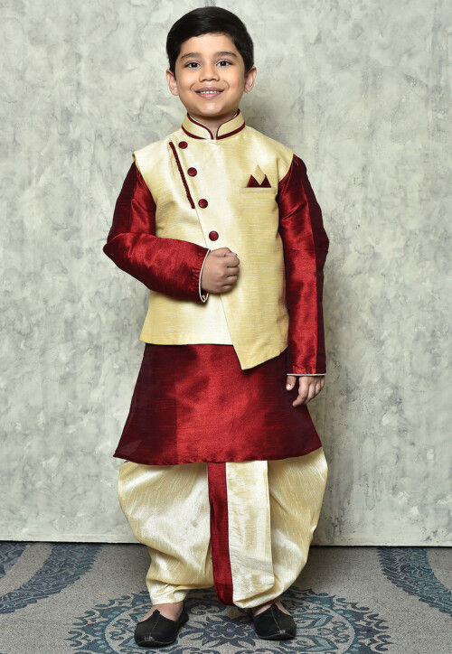 Contrast Trim Dupion Dhoti Kurta Jacket in Maroon and Beige