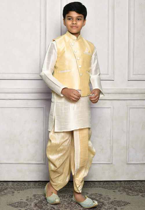 Contrast Trim Dupion Dhoti Kurta Jacket in Off White and Beige