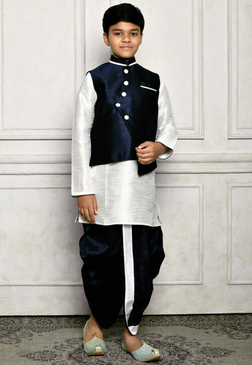 Contrast Trim Dupion Dhoti Kurta Jacket in Off White and Blue