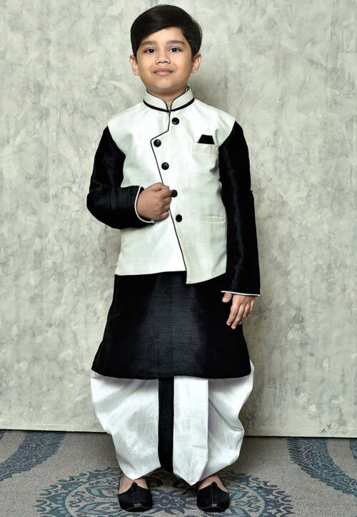 Contrast Trim Dupion Dhoti Kurta Jacket Set in Black and White