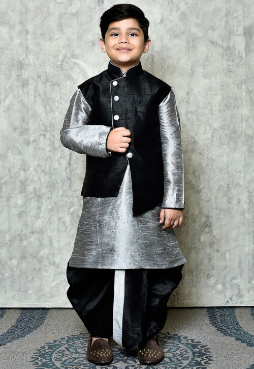 Contrast Trim Dupion Dhoti Kurta Jacket Set in Grey and Black