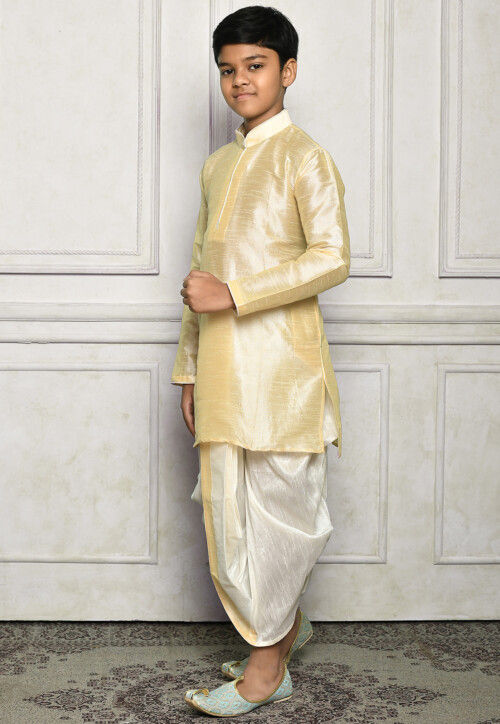 Contrast Trim Dupion Silk Dhoti Kurta in Light Beige