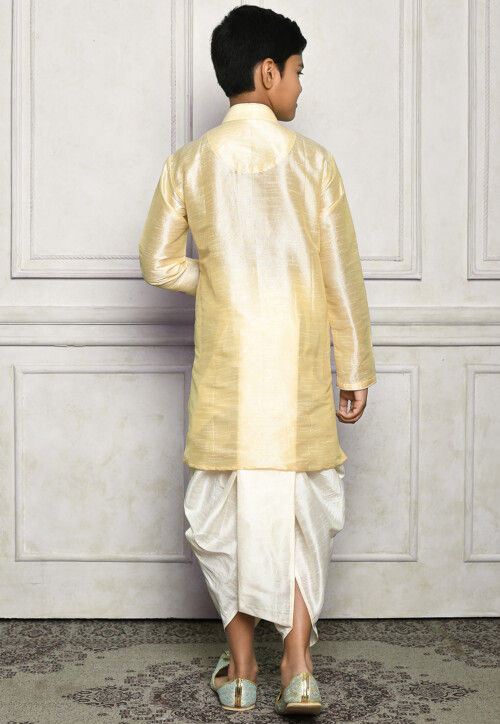 Contrast Trim Dupion Silk Dhoti Kurta in Light Beige