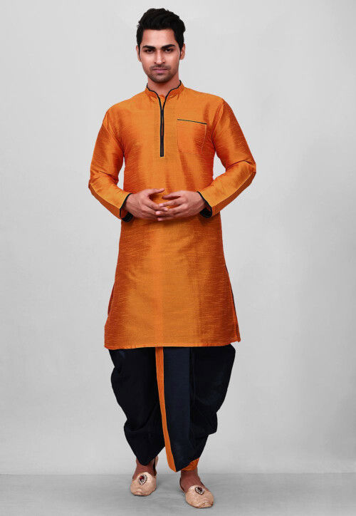 Buy Contrast Trim Dupion Silk Dhoti Kurta in Orange Online