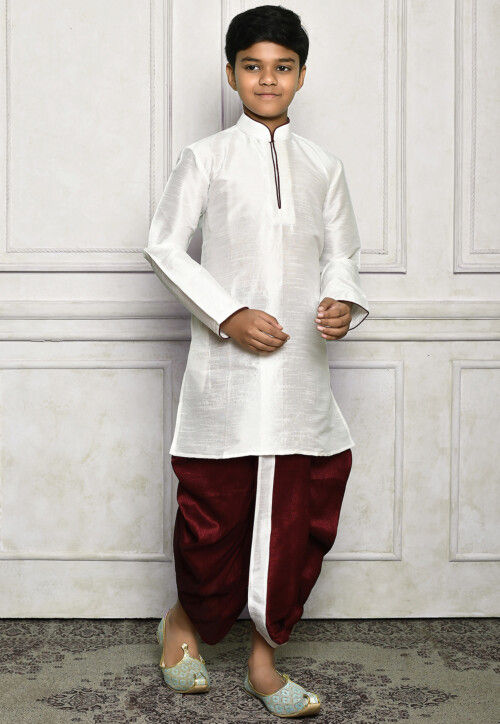 Contrast Trim Dupion Silk Dhoti Kurta in White
