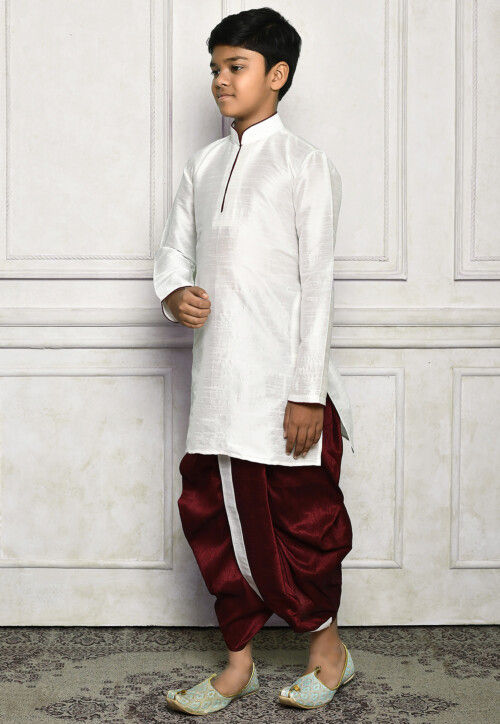 Contrast Trim Dupion Silk Dhoti Kurta in White