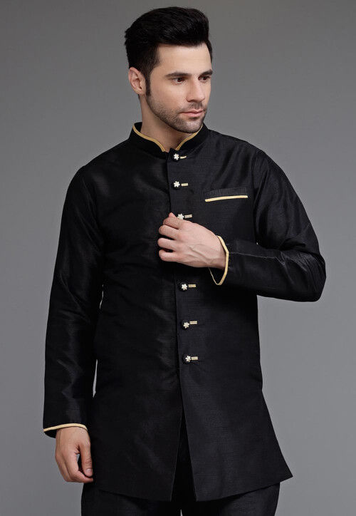 Contrast Trim Dupion Silk Kurta in Black