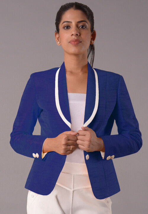 Contrast Trim Art Silk Jacket in Royal Blue