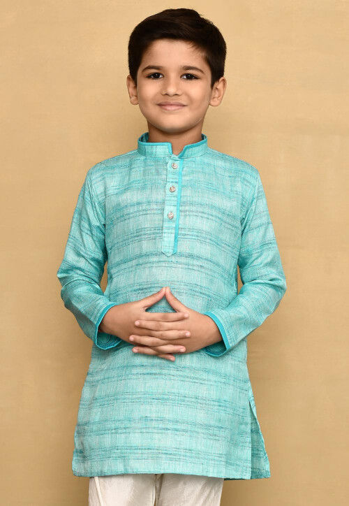 Contrast Trim Jute Cotton Kurta in Blue