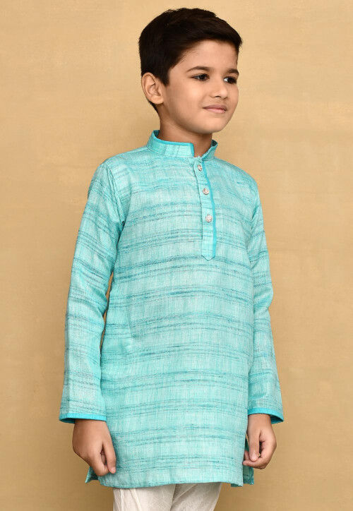 Contrast Trim Jute Cotton Kurta in Blue