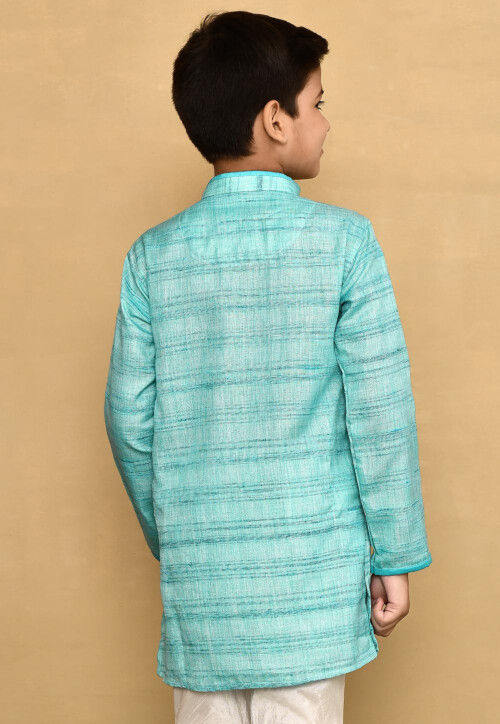 Contrast Trim Jute Cotton Kurta in Blue