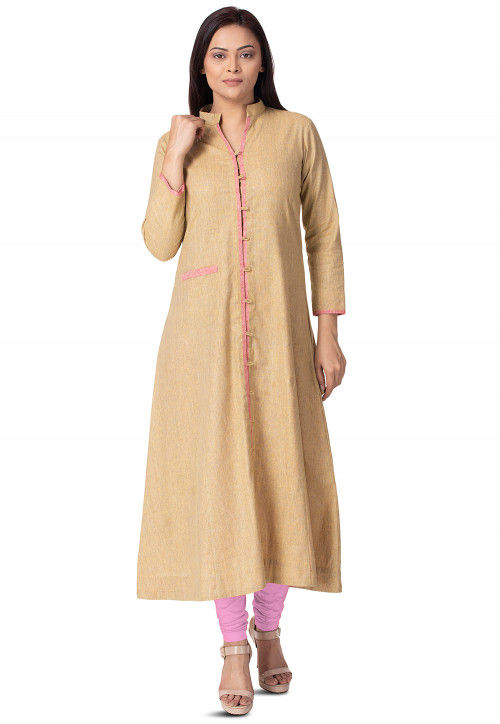 Contrast Trim Linen Cotton A Line Kurta in Beige