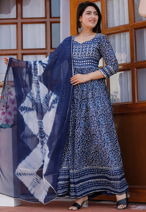 Buy Dabu Printed Pure Cotton Abaya Style Suit in Navy Blue Online KER171 Utsav Fashion