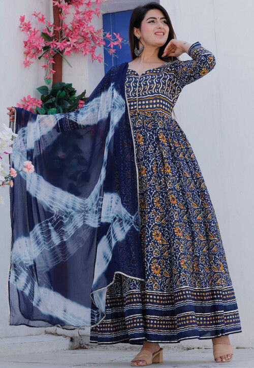 Buy Dabu Printed Pure Cotton Abaya Style Suit in Navy Blue Online KER172 Utsav Fashion