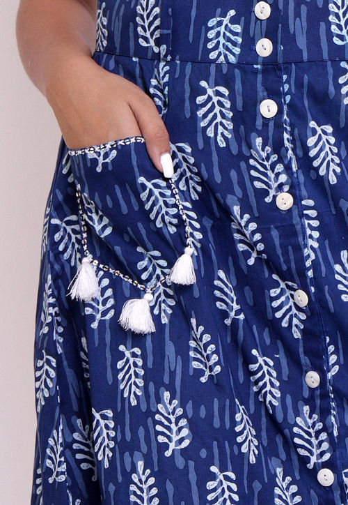 Dabu Printed Cotton Front Open Skirt in Indigo Blue