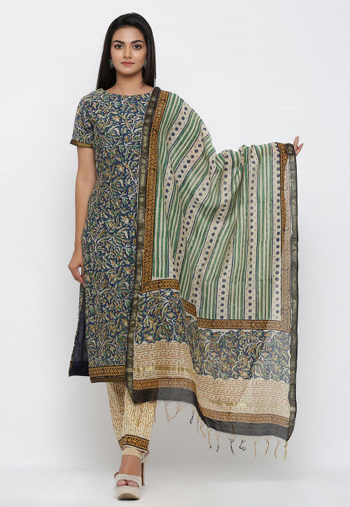 Dabu Printed Pure Chanderi Cotton Dupatta in Beige and Multicolor