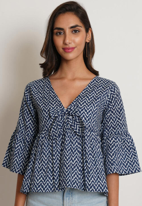 Dabu Printed Pure Cotton Top in Navy Blue