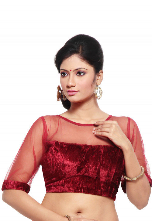 Utsav Fashion Embroidered Velvet and Net Blouse in Red 