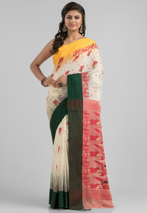 Dhakai Handloom Pure Cotton Saree in Off White
