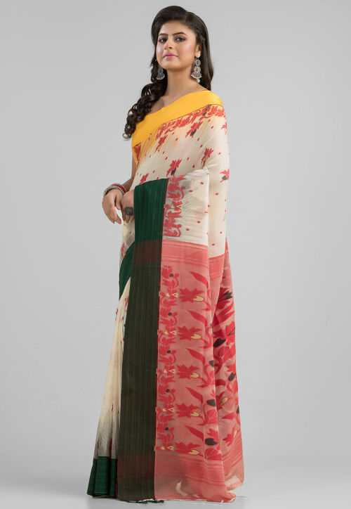 Dhakai Handloom Pure Cotton Saree in Off White