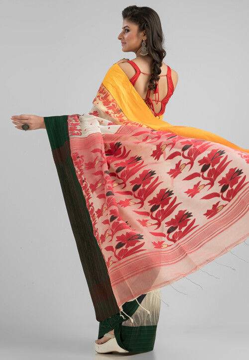 Dhakai Handloom Pure Cotton Saree in Off White