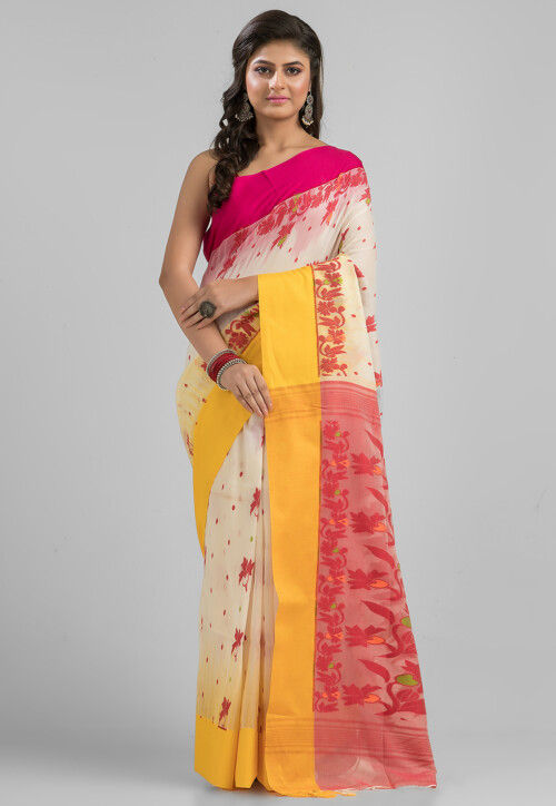 Dhakai Handloom Pure Cotton Saree in Off White