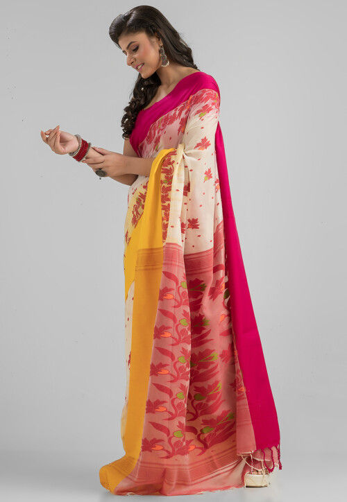 Dhakai Handloom Pure Cotton Saree in Off White