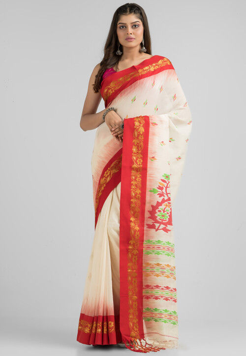 Dhakai Handloom Pure Cotton Saree in White