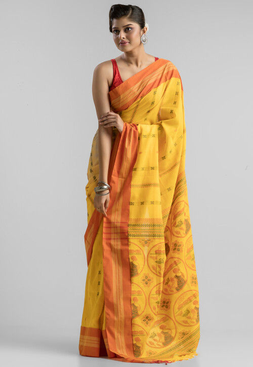 Dhakai Handloom Pure Cotton Saree in Yellow