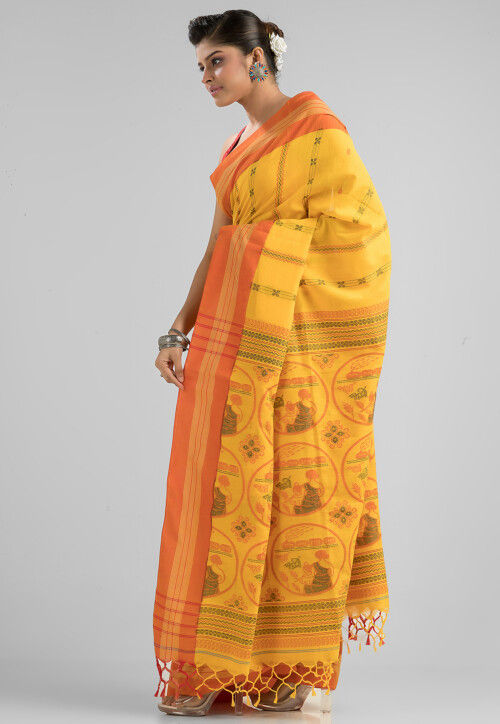 Dhakai Handloom Pure Cotton Saree in Yellow
