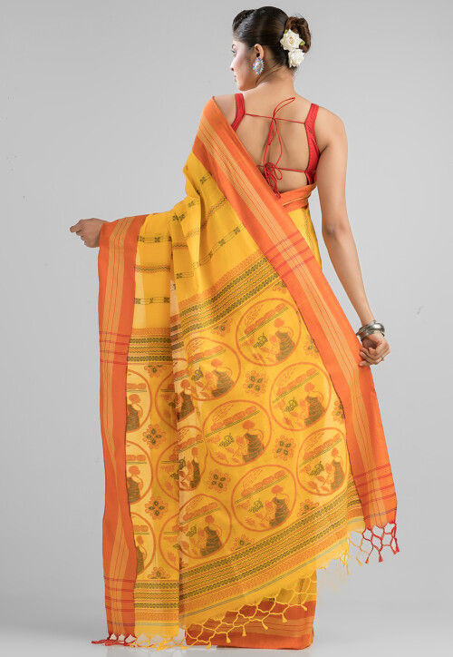 Dhakai Handloom Pure Cotton Saree in Yellow
