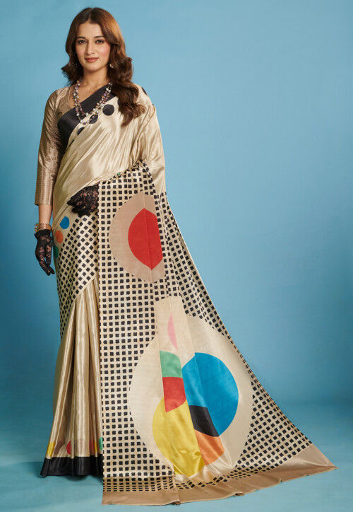 Digital Printed Crepe Saree in Light Beige