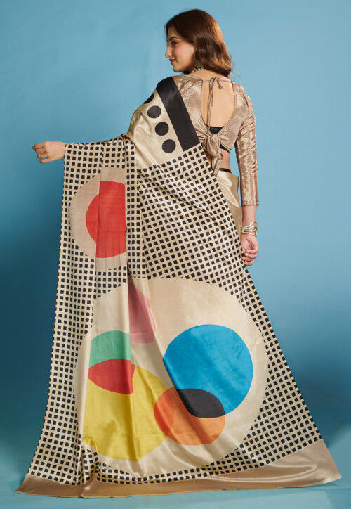 Digital Printed Crepe Saree in Light Beige