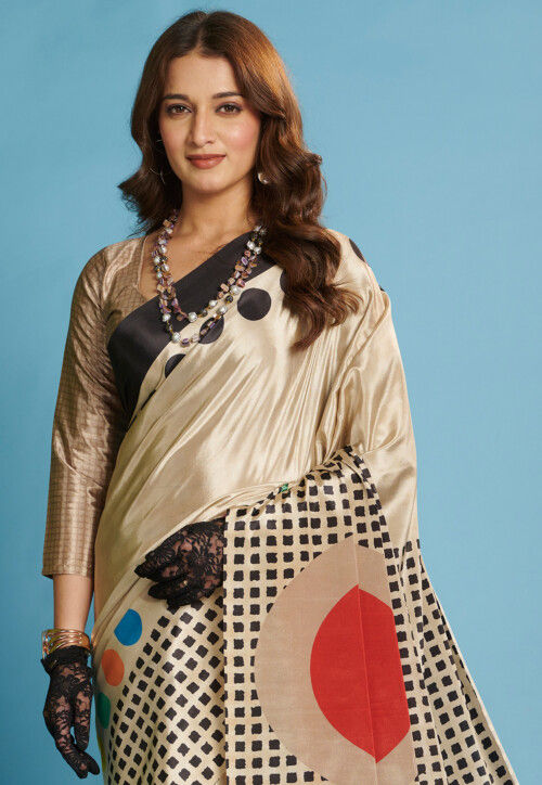Digital Printed Crepe Saree in Light Beige