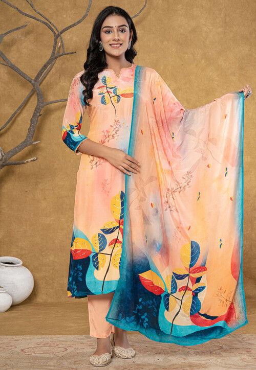 Digital Print Pure Silk Pakistani Suit in Light Peach