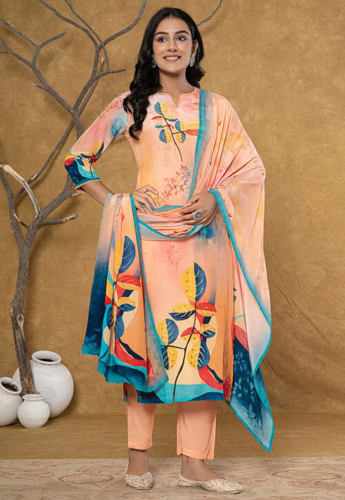 Digital Print Pure Silk Pakistani Suit in Light Peach